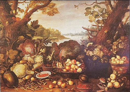 Fruit bowl, basket, vegetables and a squirrel, 1645, Gommaert van der Gracht