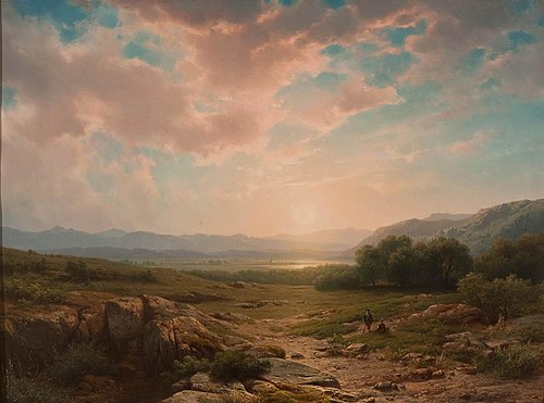 Landschap met eenzaam koppel bij zonsondergang, , Cornelis Lieste