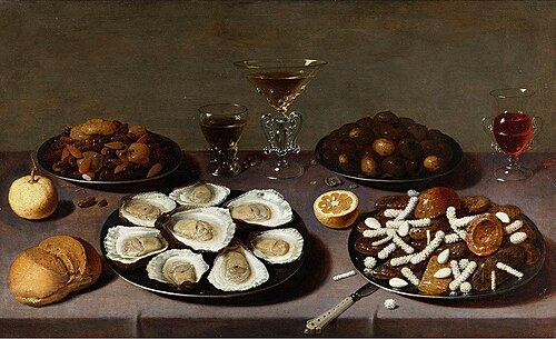 Still life with sweet cake and pastries, chestnuts, wine glasses, oysters and bread rolls, 1617, David Ryckaert