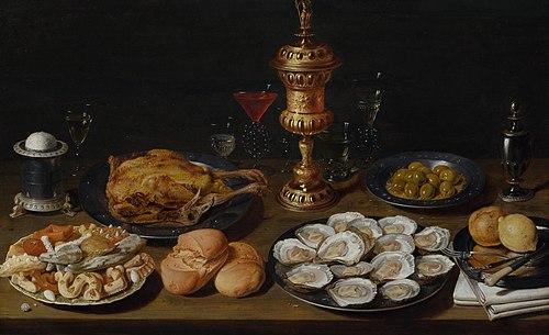 Still life with capon, oysters, bread, pastries, various glasses and a goblet, 1629, David Ryckaert