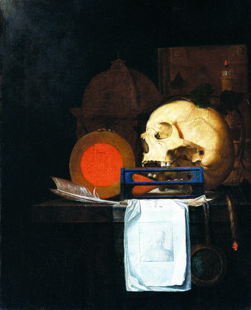 Vanitas Still Life with Rembrandt Print, on the Death of Ferdinand II, 1657, Johann de Cordua
