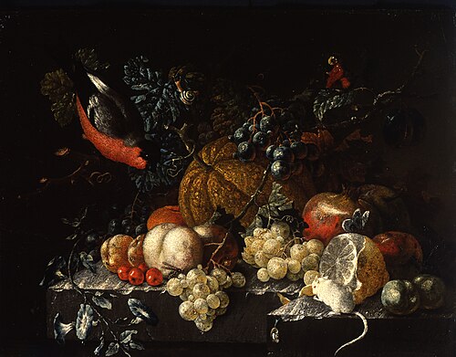 Stilleben mit Früchten, Blumen und Tieren (links ein Dompfaff), , Johann Amandus Winck