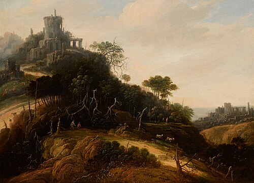An imaginary mountainous landscape, with figures, animals, and castle ruins beyond, , Abraham Blommaert