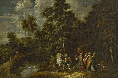 Forest landscape with elegant travellers, 1669, Alexander Casteels the Elder
