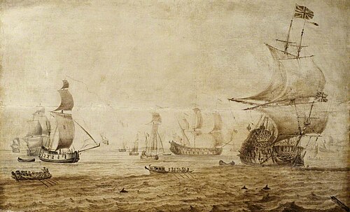 An English ship with the Union flag at the main, , Cornelis Pietersz. de Mooy