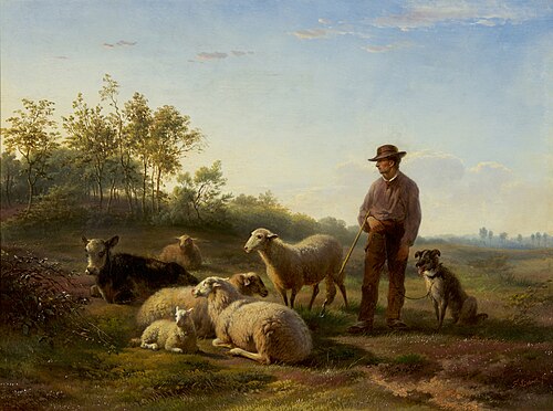 Herder met hond en stok bij zijn kudde, 1870, Frans Lebret