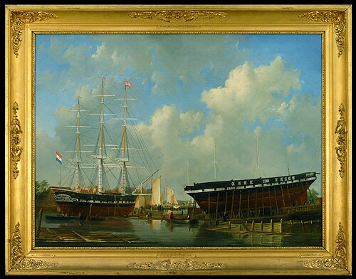 De werf van C. Gips & zonen aan de Riedijkshaven met het fregat 'Oud Alblas' gereed om te water gela, 1836, Frans Jacobus van den Blijk