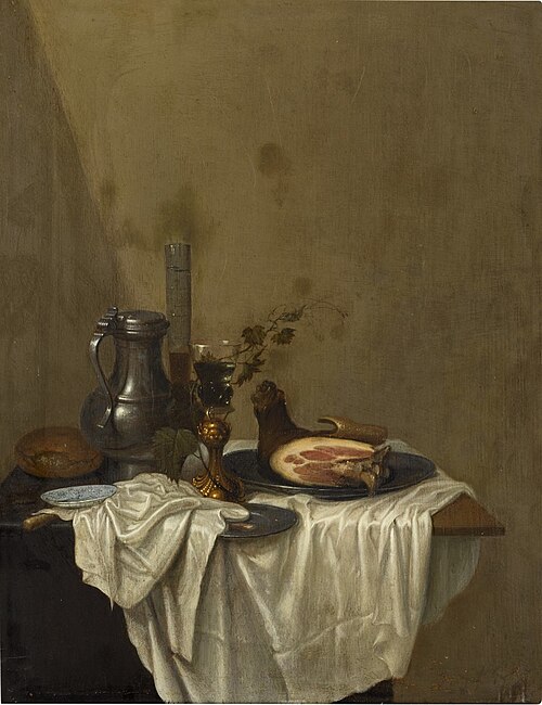 Still life with a pewter jug, roemers and a leg of ham, 1650, Gerrit van Vucht