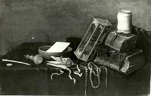 Still life with beads, books, hourglass, letters and bottle, 1661, Gerrit van Vucht