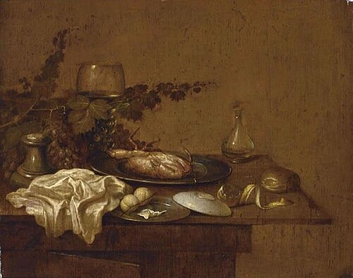 Still life with a crab on a pewter plate, roemer, salt cellar, napkin, peaches, a peeled lemon, a bu, 1680, Gerrit van Vucht
