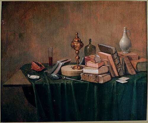 Still life of books with a columbine cup, 1690, Gerrit van Vucht