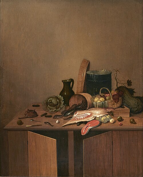 Kitchen still life with meat, fish and vegetables, 1650, Gerrit van Vucht