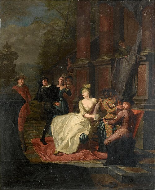 Elegant company making music on a terrace, 1750, Hendrick Govaerts