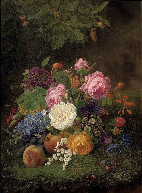Stilleven met rozen, lelietjes-van-dalen en fruit, 1834, Henriette Gertruide Knip
