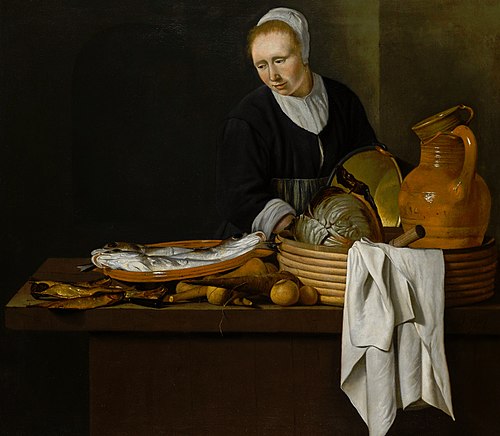A kitchen scene with a maid standing by a table laden with fish, 1654, Jan Fris