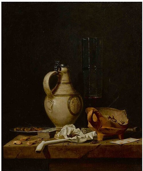 A still life with a stoneware jug, a glass of beer, playing cards and smokers’ requisites, , Jan Fris