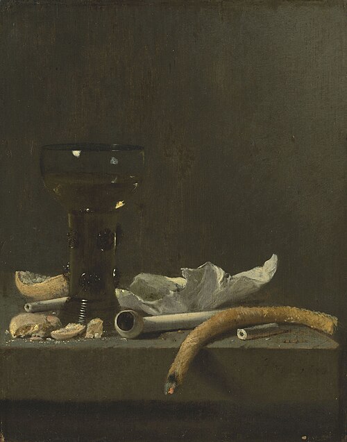 Still life with roemer, clay pipe and a lit taper on a ledge, 1654, Jan Fris