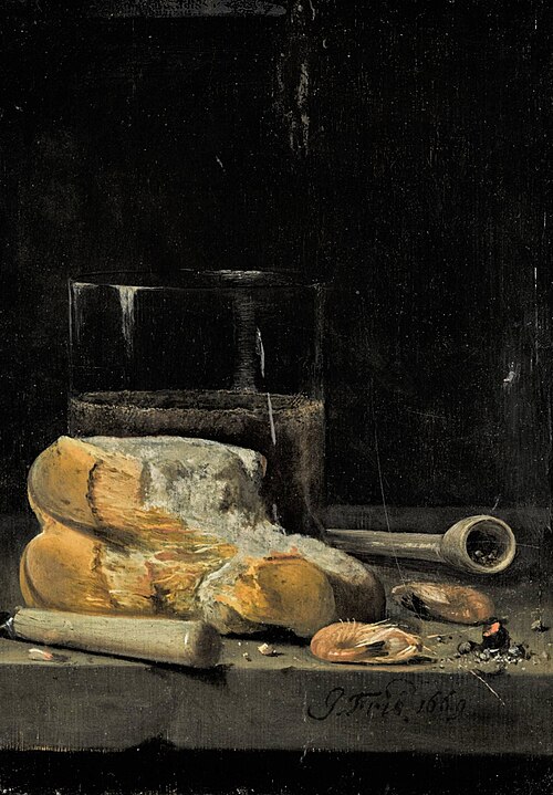 Still life of bread, prawns, a pipe and a glass of beer arranged on a table, 1669, Jan Fris