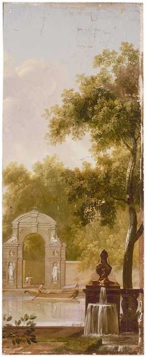 Wallpaper glued to cabinet door panel with park landscape, 1760, Jan Stolker