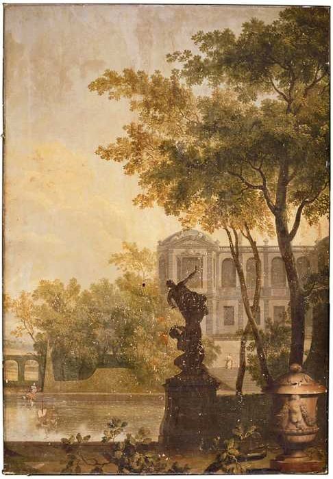 Behangsel met voorstelling parklandschap met beeldhouwwerk, tuinvaas en gebouw op achtergrond, 1760, Jan Stolker