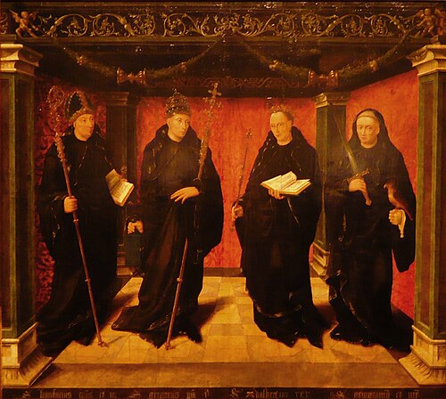 The Benedictine Saints Boniface, Gregory the Great, Adalbertus van Egmond and Jeroen van Noordwijk, 1529, Jan Joesten van Hillegom