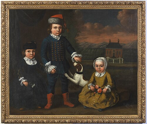 Drie kinderen Gockinga, in landschap met landhuis, 1750, Luitjen Jacobs van der Werf