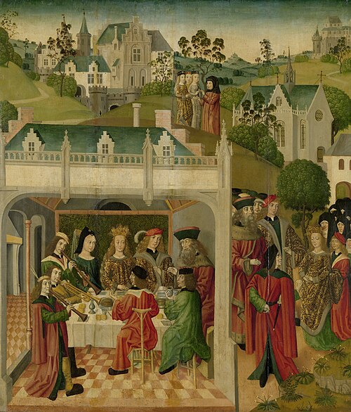 Binnenzijde van de linkervleugel van een altaarstuk met het huwelijksfeest van de Heilige Elisabeth , 1492, Master of the St. Elizabeth Pa