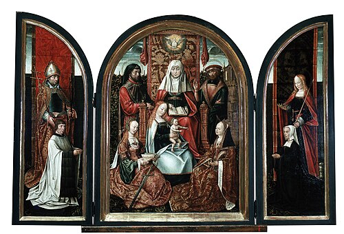 Triptyque : Chanoine en compagnie de saint Liévin (à gauche); La Parenté de sainte Anne (au milieu);, 1500, Meester van de Familie van de Heilige Anna