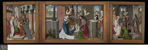 La Circoncision du Christ (gauche), La Naissance du Christ (centre), L'Adoration des Mages (droite),, 1477, Maître du Triptyque Wenemaer