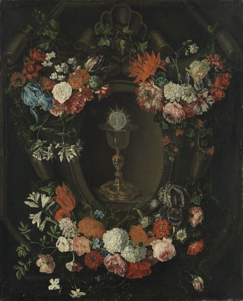 Sculpted cartouche adorned with flowers surrounding a chalice with a host, 1658, Peter van Kessel