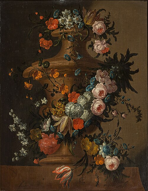 Garden vase surrounded by a garland of various flowers, 1690, Peter Franz Casteels
