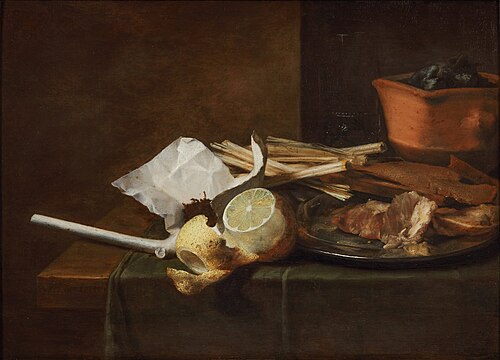 Still Life with Lemon, Pipe and Bread, 1640, Petrus Willebeeck