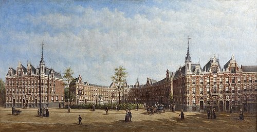 Gezicht op het Koningin Emmaplein te Rotterdam met figuren, 1890, Petrus Gerardus Vertin