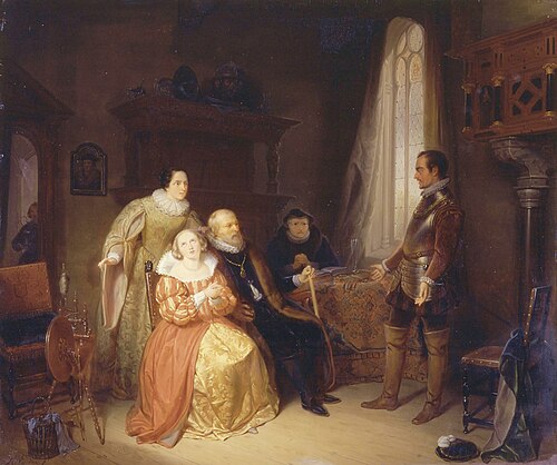 Een jongeling van zijn beminde en ouders afscheid nemende., 1860, Robert van Eijsden