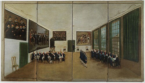 Deel van een kamerscherm met interieur van de krijgsraadkamer in het Doelengebouw., 1770, Simon Klapmuts