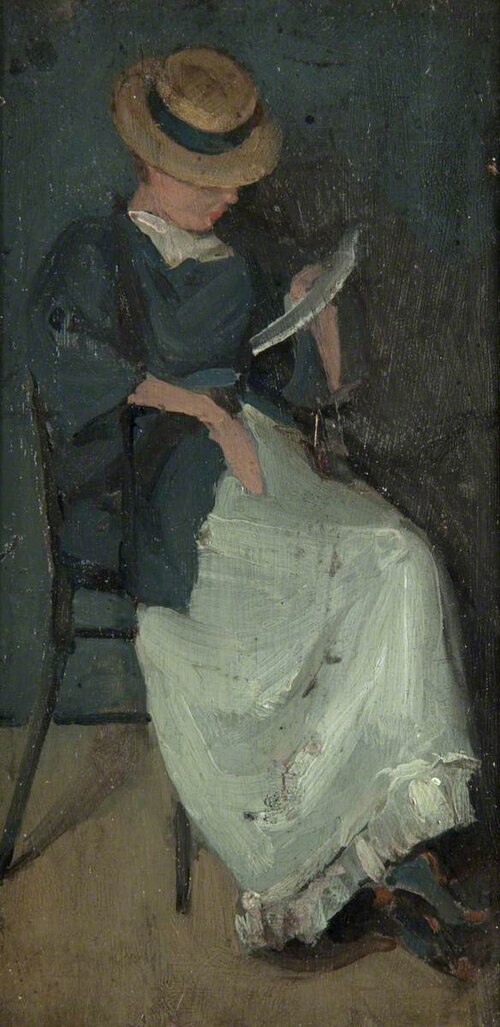 Woman in a straw hat reading a letter, 1890, Beatrice Whistler