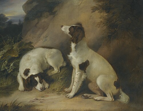 Two springer spaniels in a rocky landscape, 1804, Richard Livesay