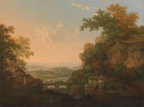 A River Scene with Thatched Huts by a Bridge over a Weir, 1767, James Lambert