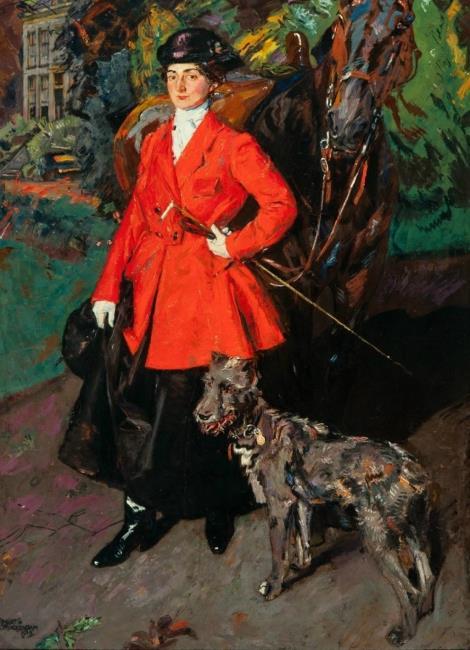 Portrait of the artist Margot van Hasselt (1879-1935) in equestrian costume with in the background H, 1915, Martin Monnickendam
