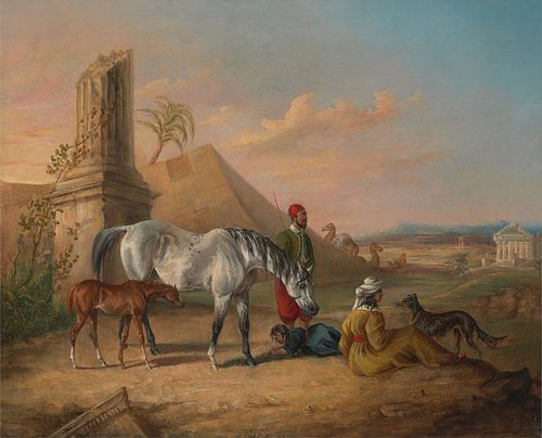 Grey Arabian mare and foal, with a family, 1835, George Henry Laporte