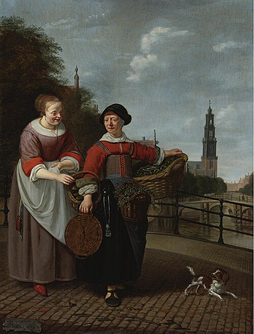A female vegetable seller and a housewife at the Eenhoornsluis in Amsterdam, in the background the W, 1669, Michiel van Musscher