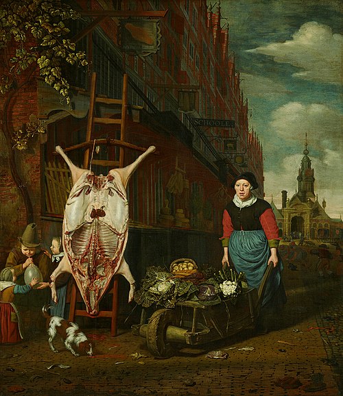 Slaughtered Pig with View of the Haarlemmerpoort, 1668, Michiel van Musscher