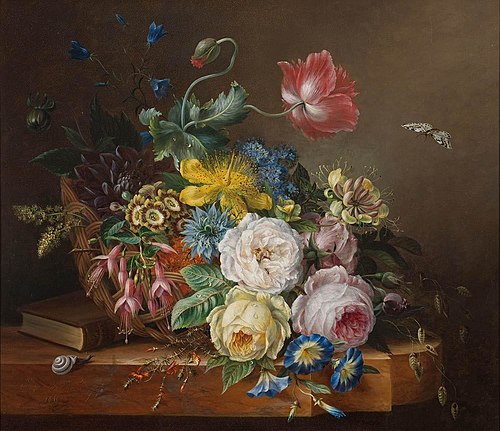 Still Life of Flowers in a Wicker Basket, 1849, Elisabeth Johanna Koning