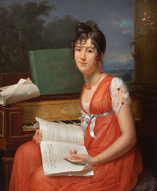 Portrait d’une jeune personne près d’un piano, tenant un cahier de musique (Mlle Thevenet de Montgar, 1802, Adèle Romany
