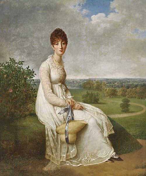 Portrait of a lady, full-length, seated on a rock in a landscape, 1806, Adèle Romany