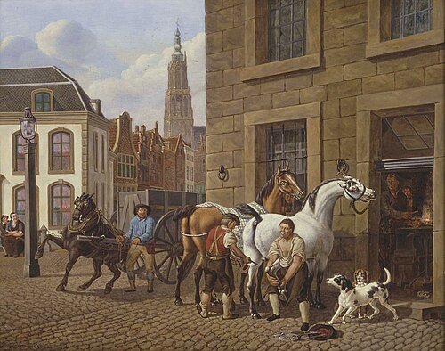 Stadsgezicht met smidse en Onze Lieve Vrouwetoren, Amersfoort, 1819, Martinus Kuytenbrouwer
