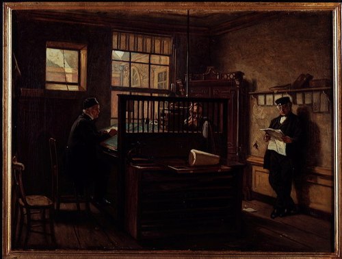 Interieur van het kantoor der suikerraffinaderij Spakler en Tetterode aan de Lijnbaansgracht, 1869, Hendrik Albert van Trigt