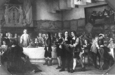 Het Sint-Lucasfeest in de St. Jorisdoelen waarbij Joost van den Vondel de Lauwerkrans ontvangt, 20 o, 1866, Hendrik Albert van Trigt