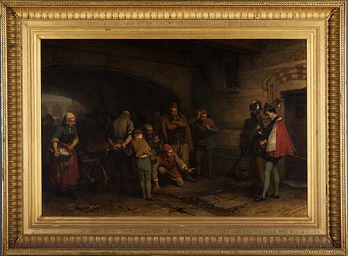 Samenscholing van het volk voor de gevangenis van de Spaanse Inquisitie te Antwerpen, 1872, Hendrik Albert van Trigt