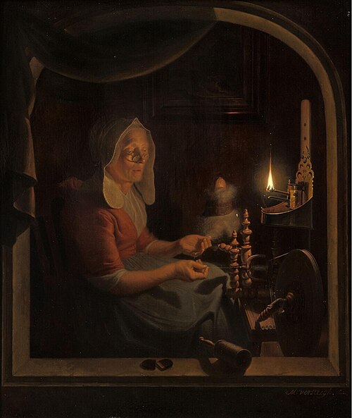 De spinster, bij een olielampje, 1800, Michiel Versteeg